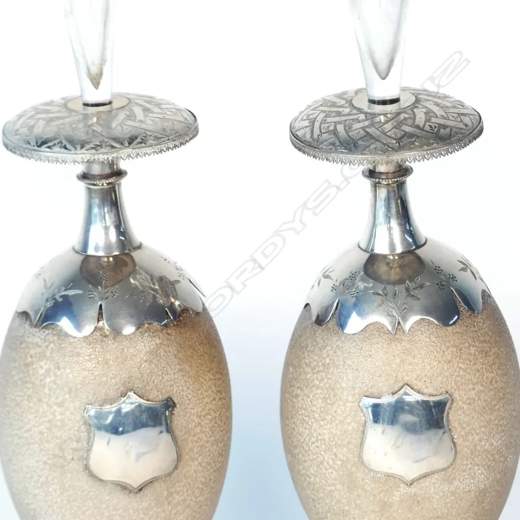 An impressive pair of 19thC colonial silver mounted emu egg epergnes Image 1++