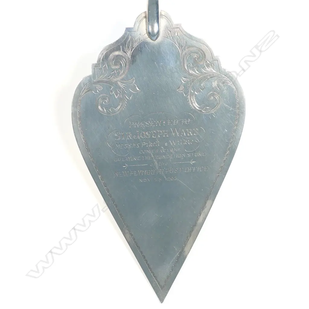 A. L. Cooke (New Plymouth c.1895-1905) Stg Silver presentation trowel (to Sir Joseph Ward) with greenstone handle Image 1++