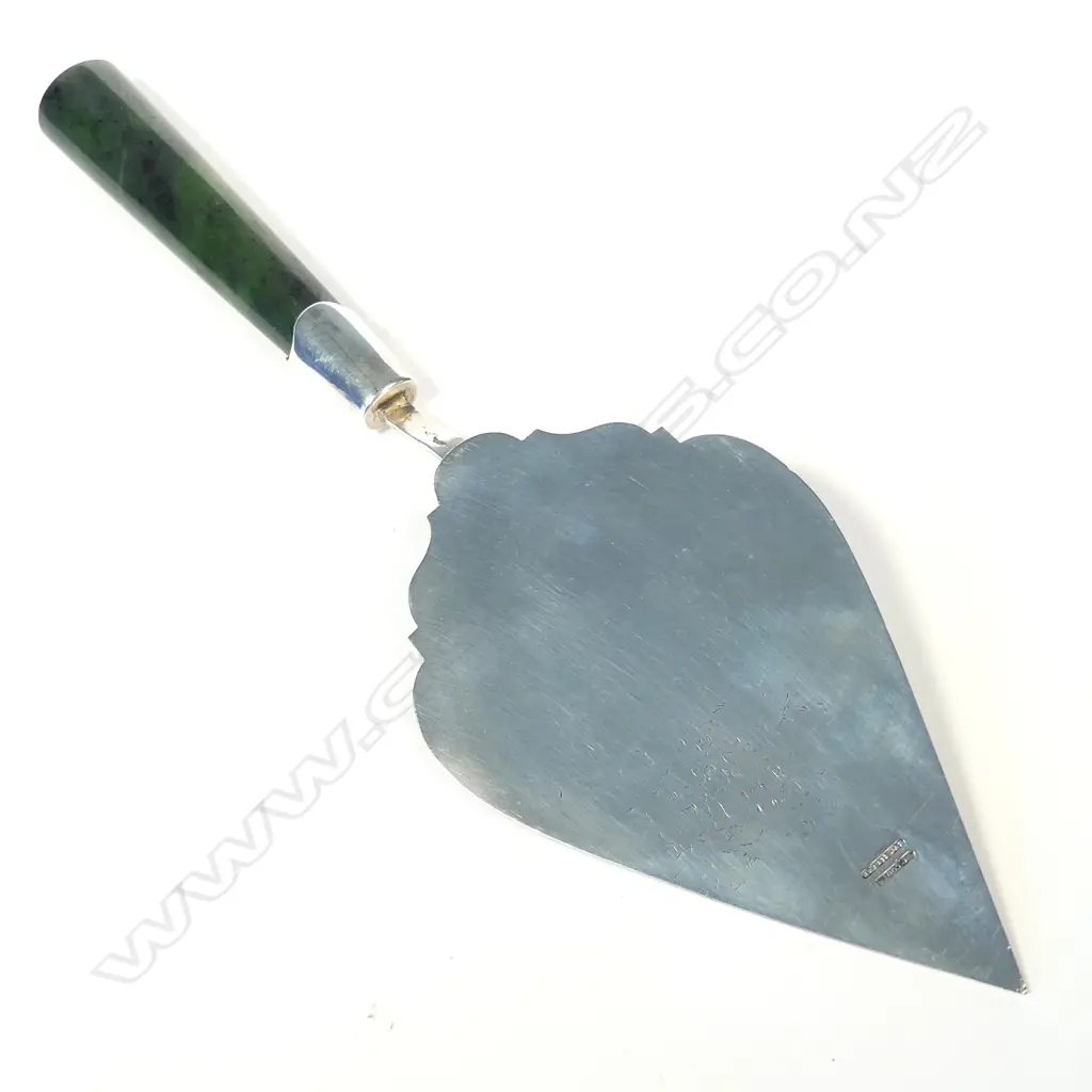 A. L. Cooke (New Plymouth c.1895-1905) Stg Silver presentation trowel (to Sir Joseph Ward) with greenstone handle Image 1++