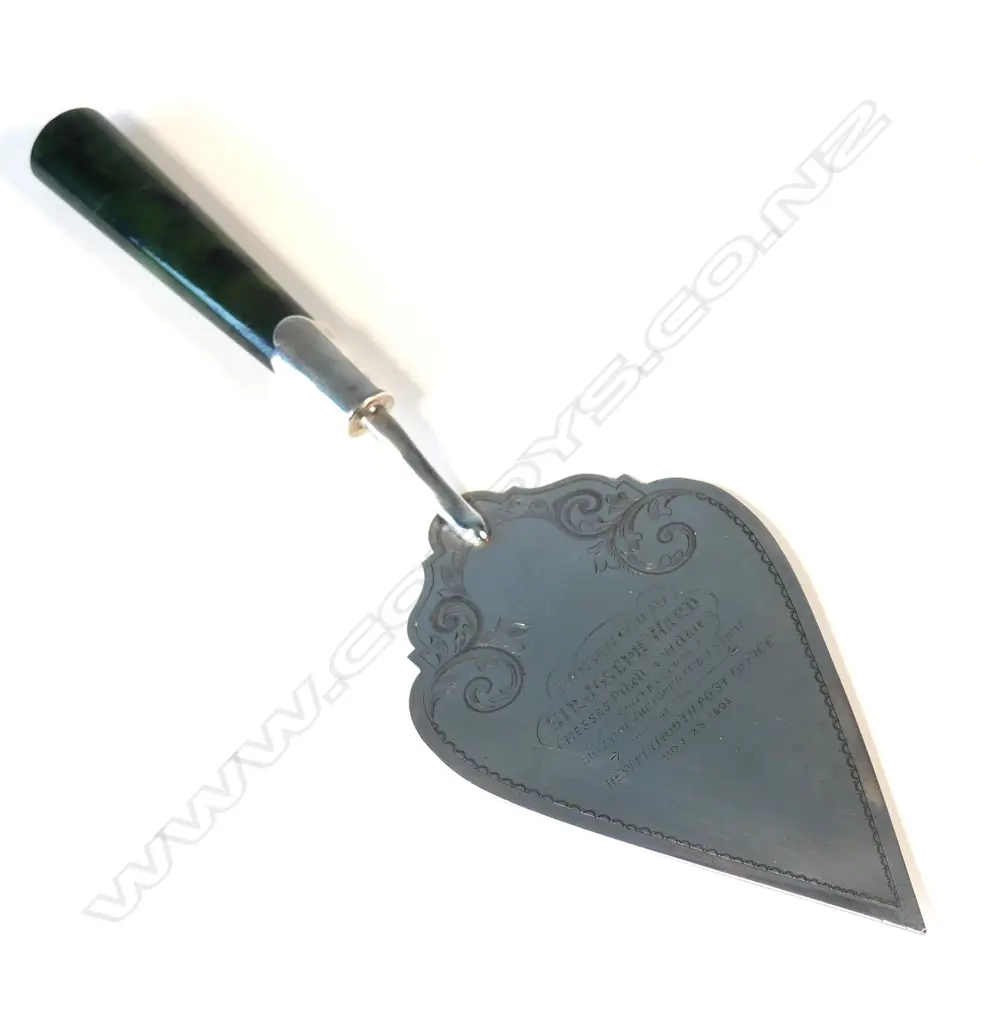 A. L. Cooke (New Plymouth c.1895-1905) Stg Silver presentation trowel (to Sir Joseph Ward) with greenstone handle Image 1++