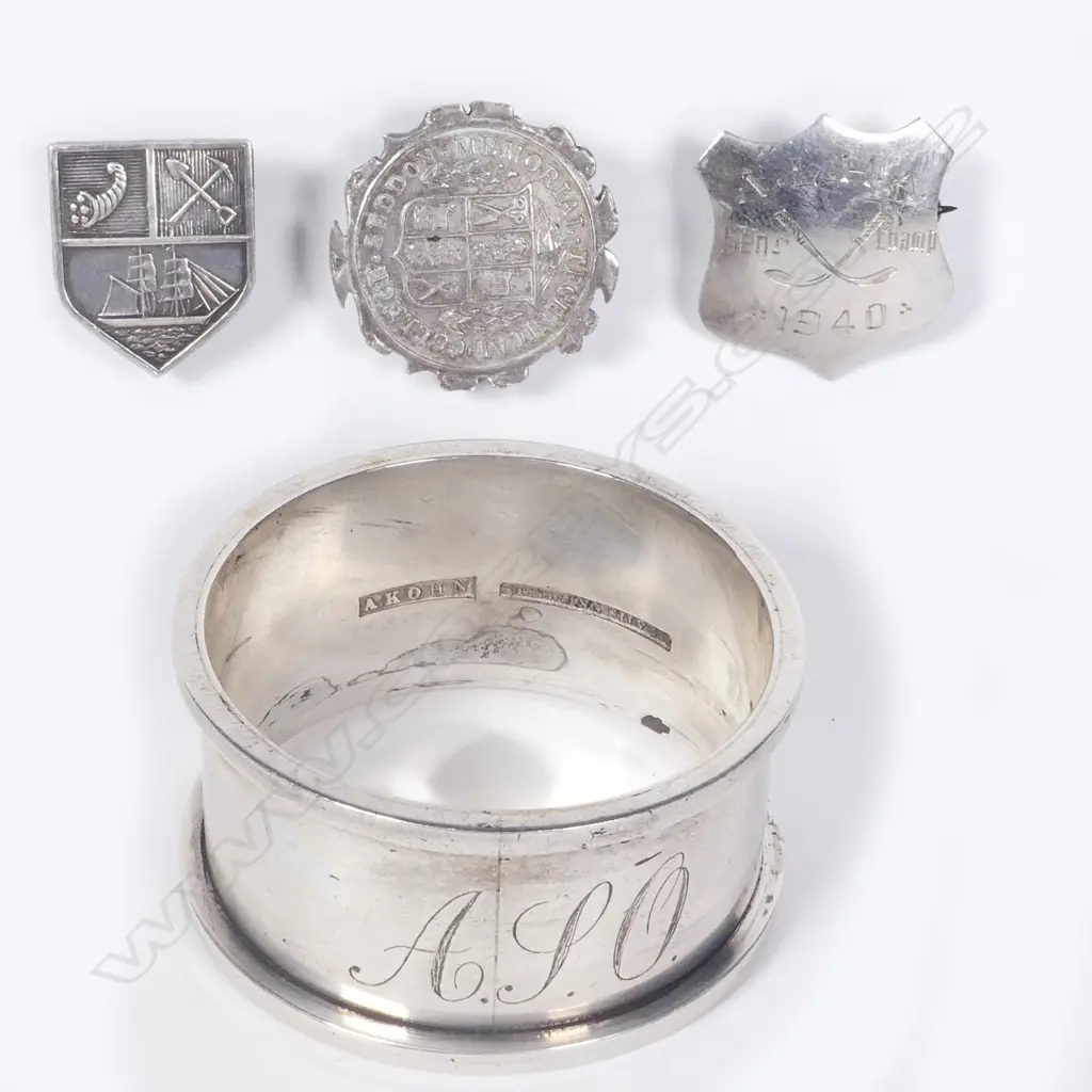 Adolf Kohn silver napkin ring and three medallions Image 1++