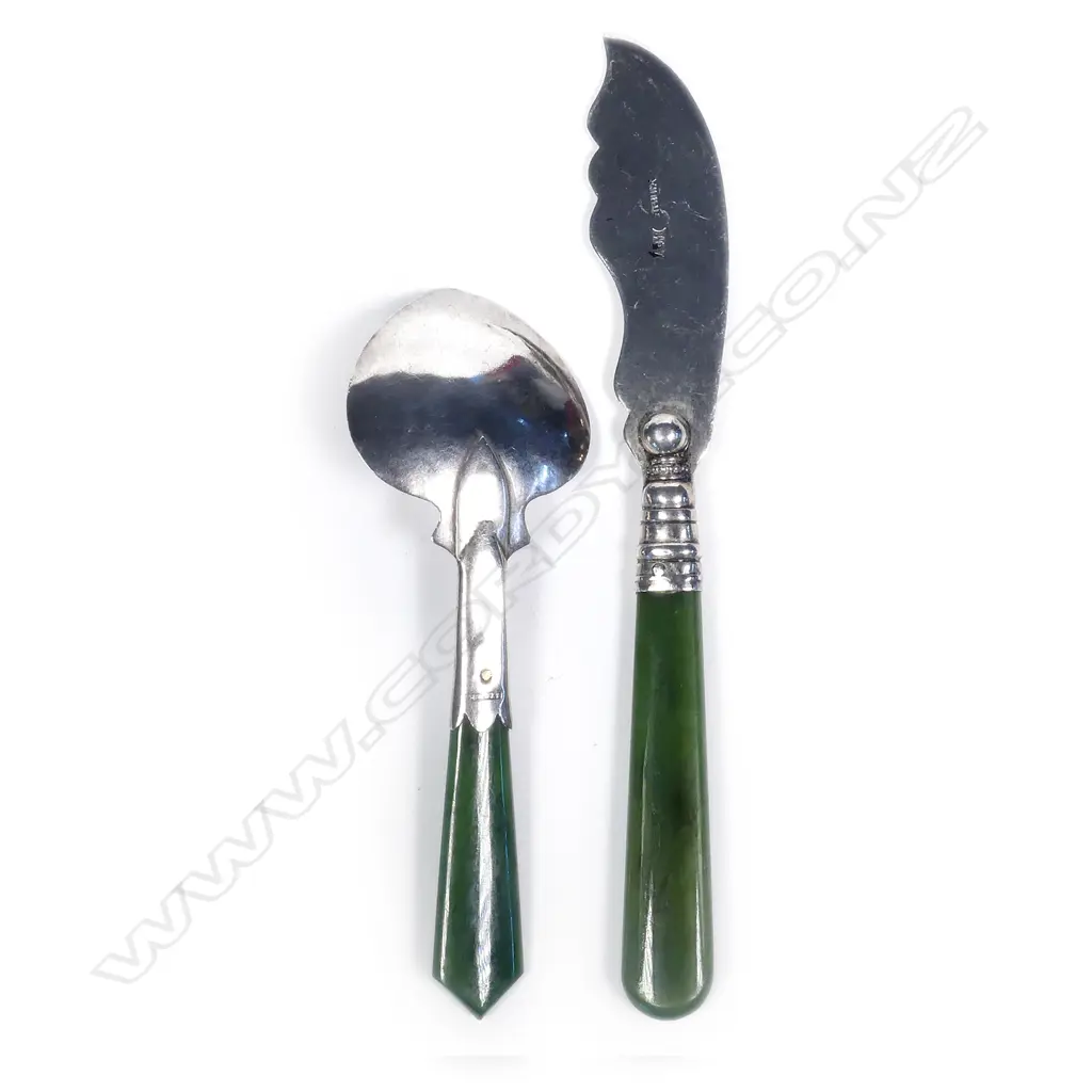 A New Zealand silver butter knife and a caddy spoon each with greenstone handle Image 1++
