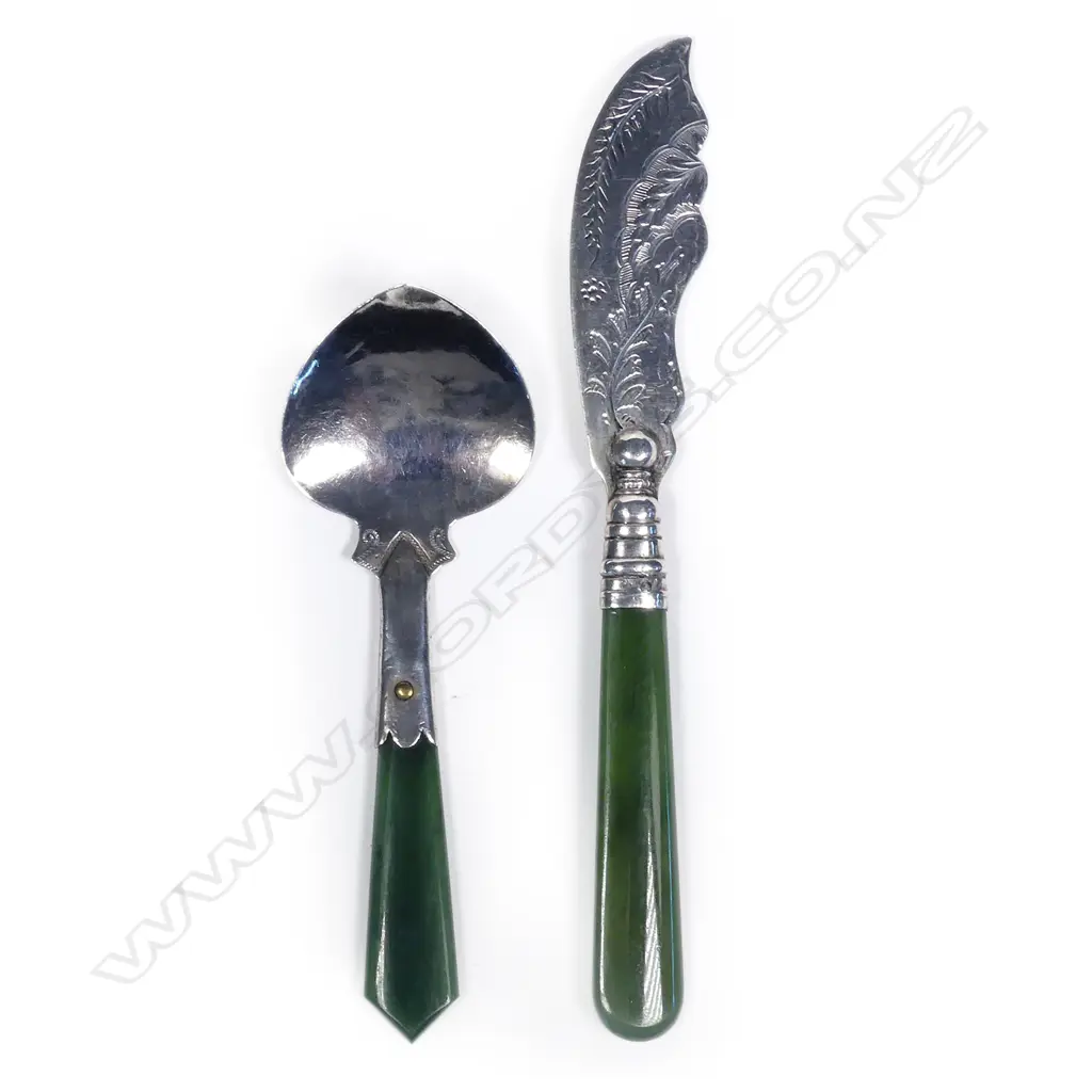 A New Zealand silver butter knife and a caddy spoon each with greenstone handle Image 1++