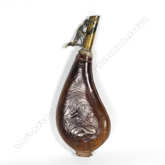 A kidney shaped leather shot flask