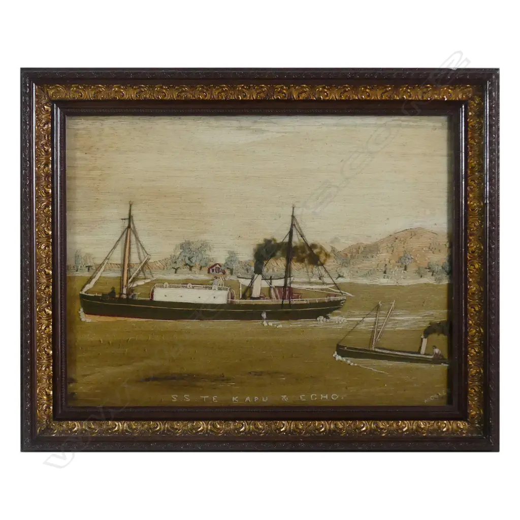 Rare late 19thC New Zealand wool work picture 'S.S. Te Kapu & Echo' by W. Coker Image 1++