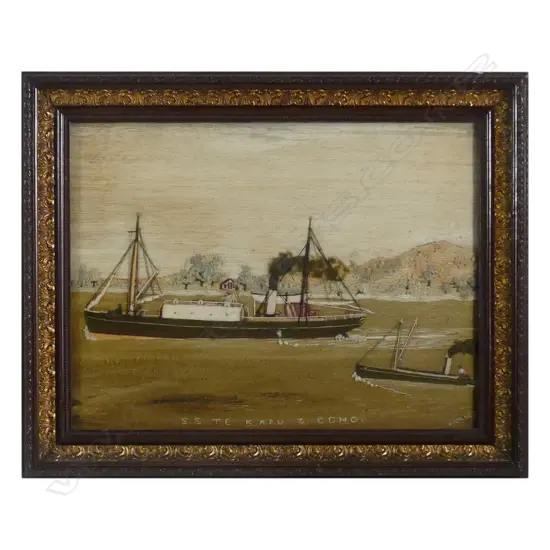 Rare late 19thC New Zealand wool work picture 'S.S. Te Kapu & Echo' by W. Coker