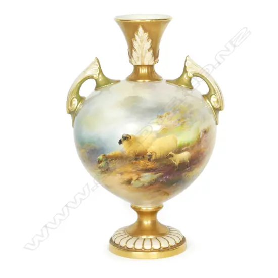 A 1911 Royal Worcester hand painted black face sheep urn vase by Harry Davis