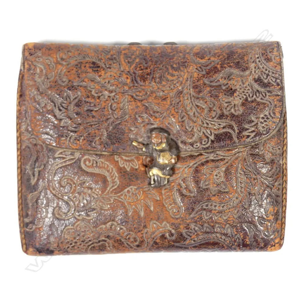 A Japanese embossed leather tobacco pouch (tabako-ire) Image 1++