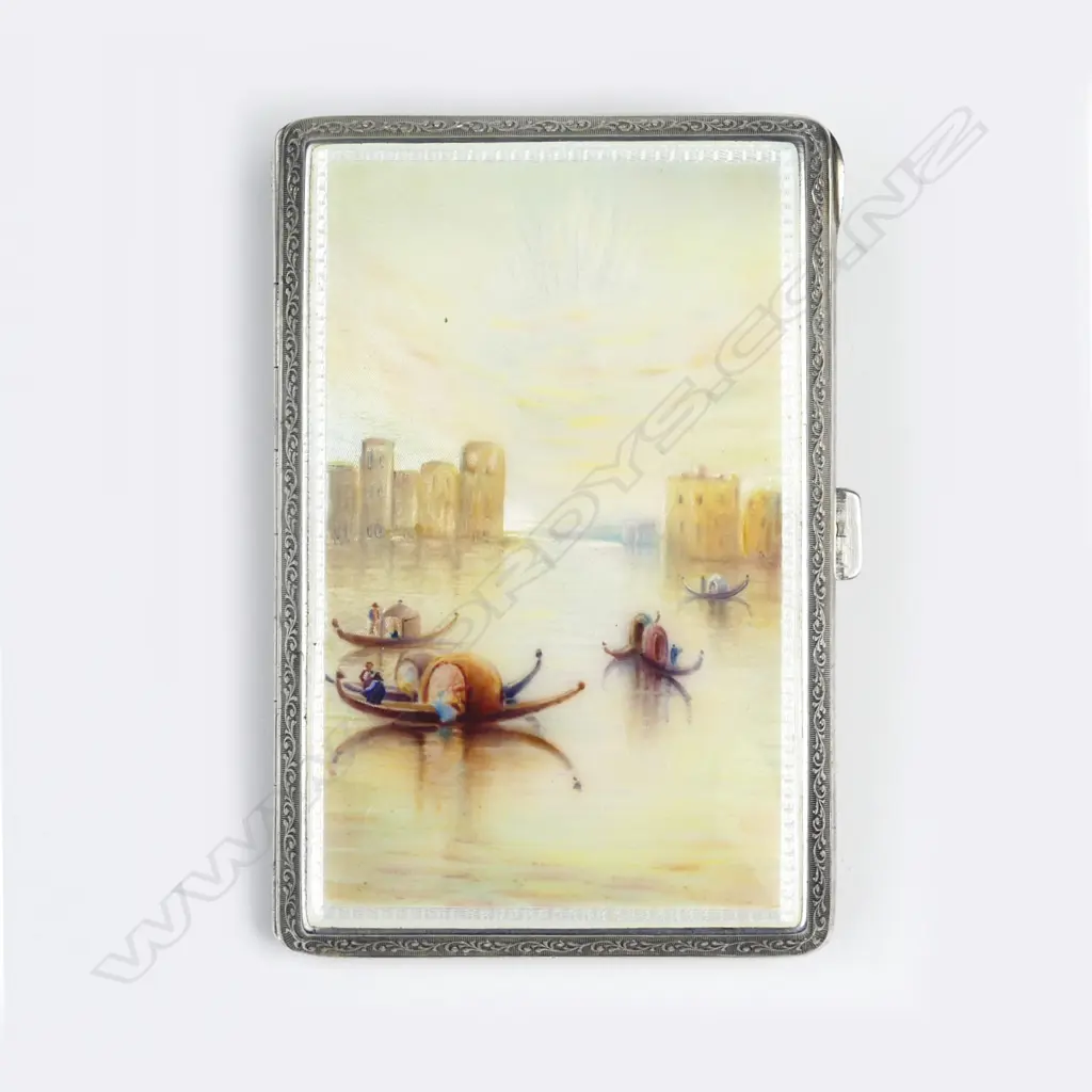A good early 20thC European silver and Venetian scene enamelled card case Image 1++