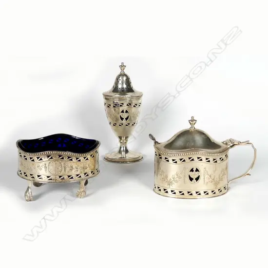 A Georgian style three piece condiment set