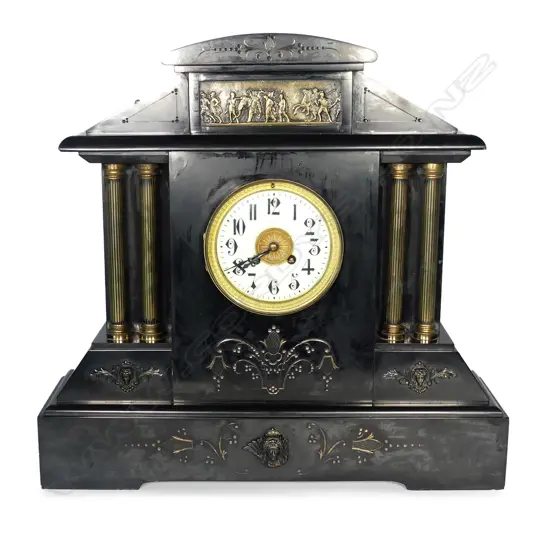 A Victorian large black marble architectural mantel clock