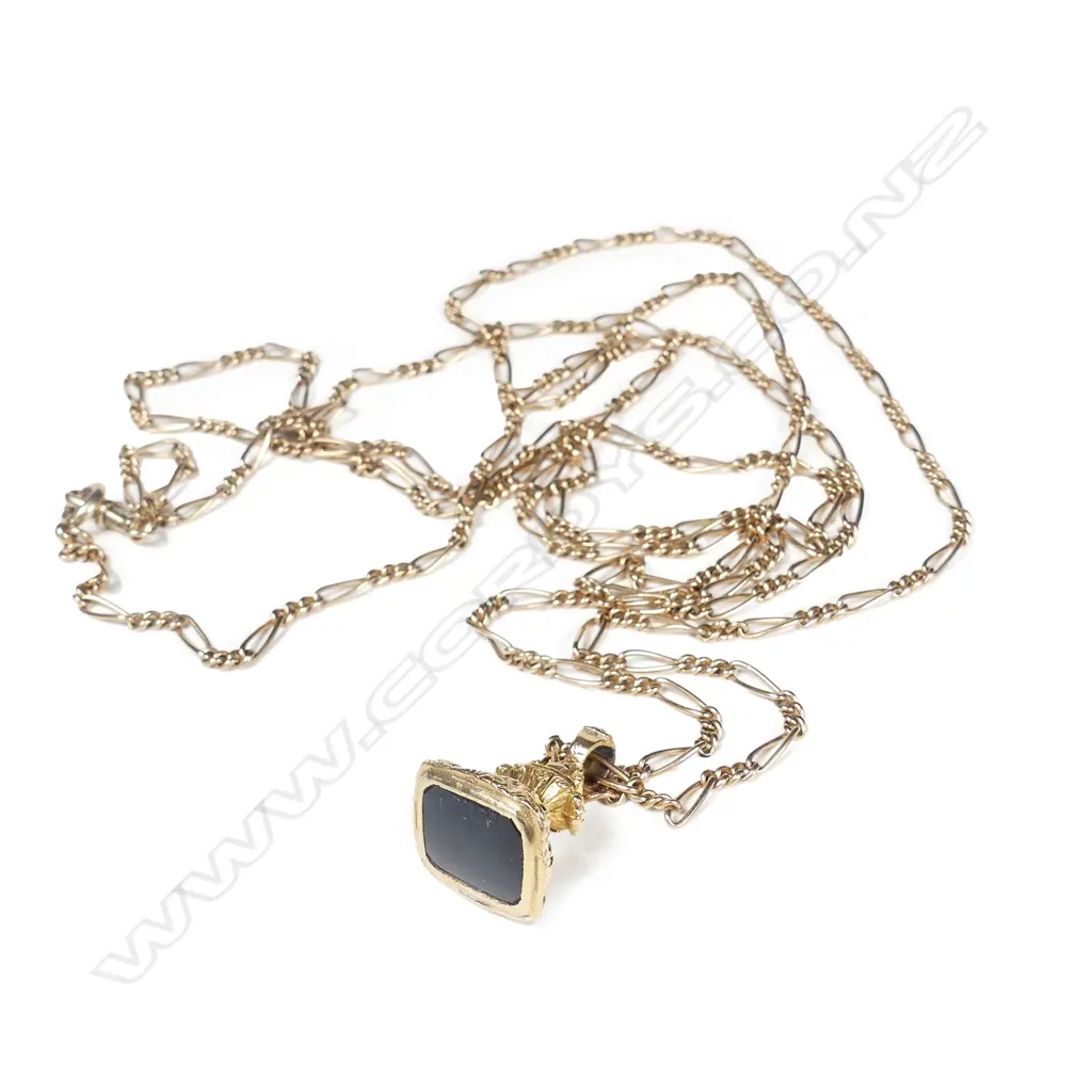 A vintage 9ct rose gold muff chain with 19thC fob seal attached Image 1++