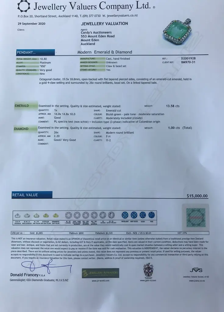 A platinum emerald and diamond pendant Image 1++