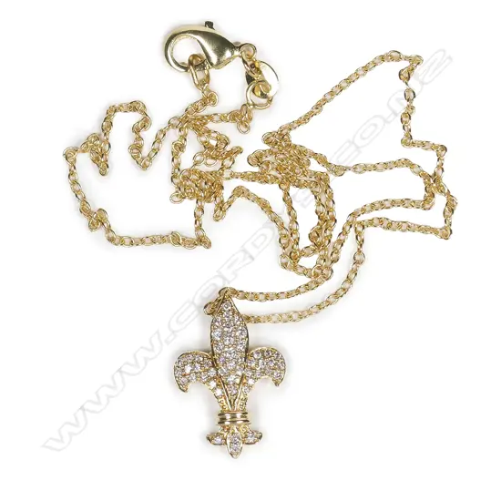 A modern 18ct. yellow gold and diamond set fleur-de-lis pendant on chain