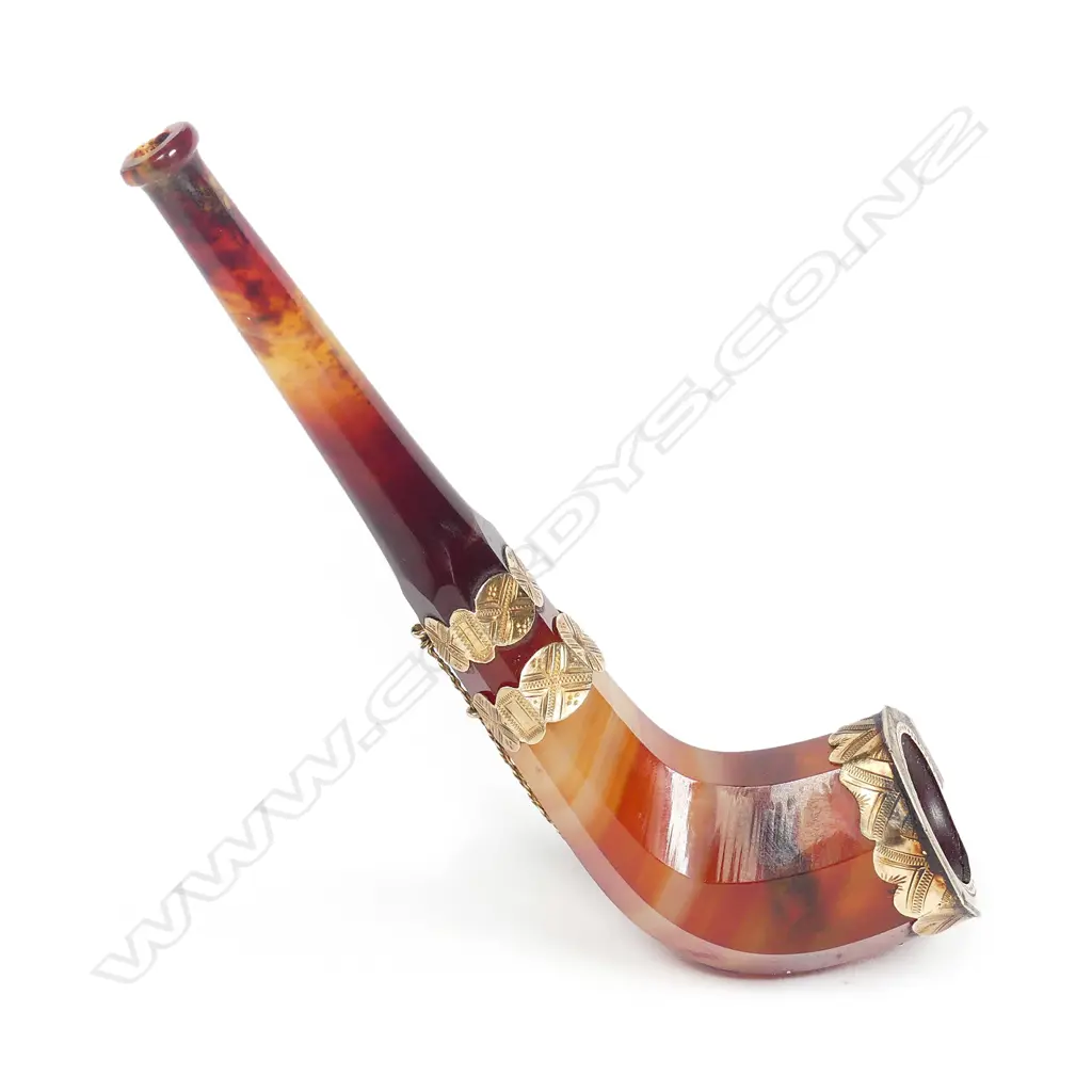 An uncommon late 19thC banded agate and gold mounted pipe Image 1++
