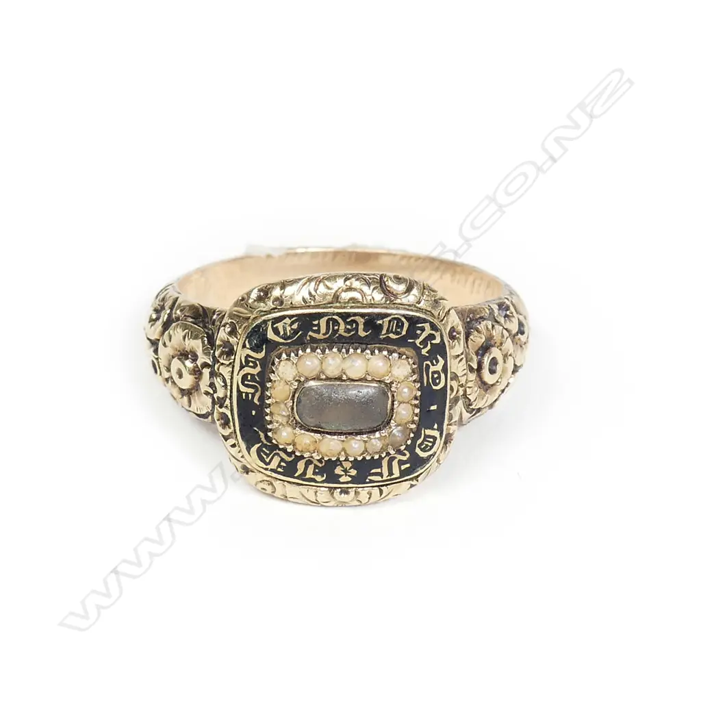 A George III gold enamel and seed pearl mourning ring Image 1++