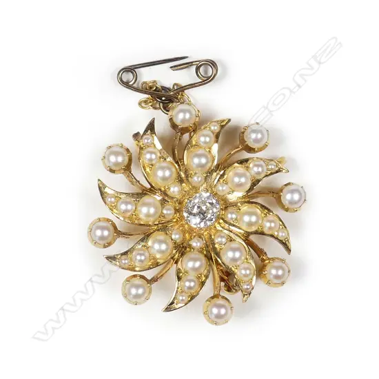 A vintage 14ct yellow gold diamond and half seed pearl pendant / brooch,