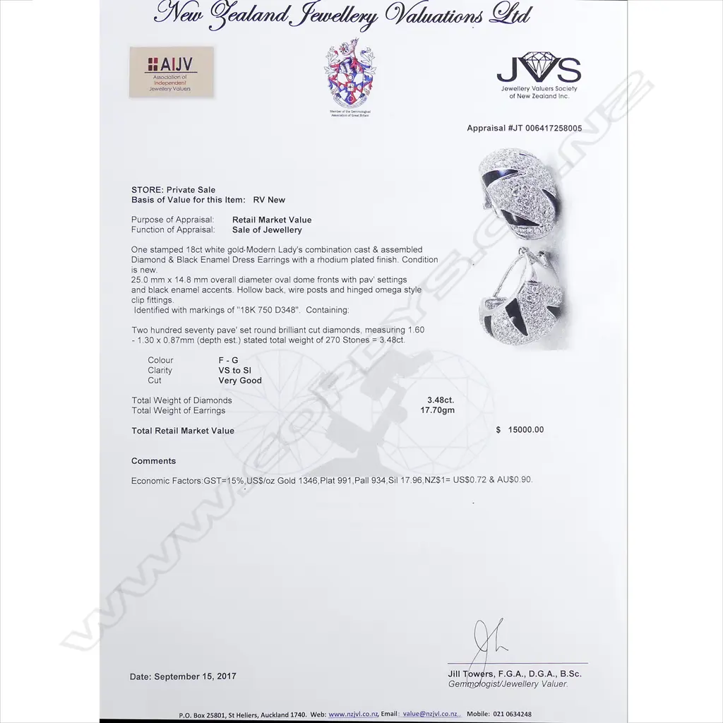 A pair of modern 18ct. white gold diamond and black enamel striking earrings Image 1++