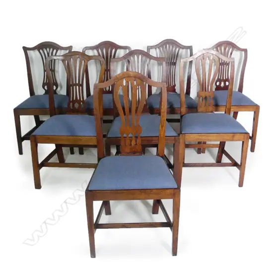 A harlequin set of eight Georgian oak and mahogany country Hepplewhite chairs