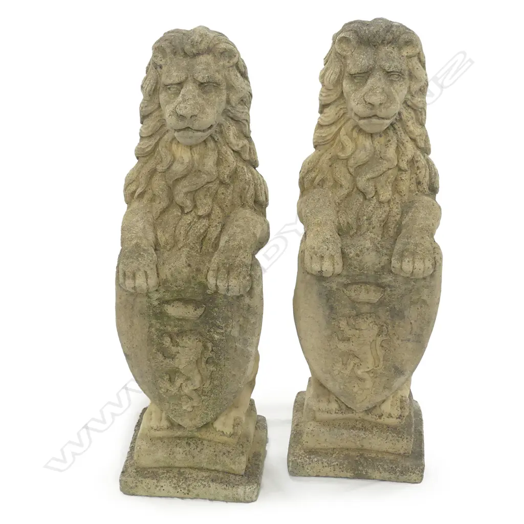A pair of classical Church Stone heraldic standing lions Image 1++