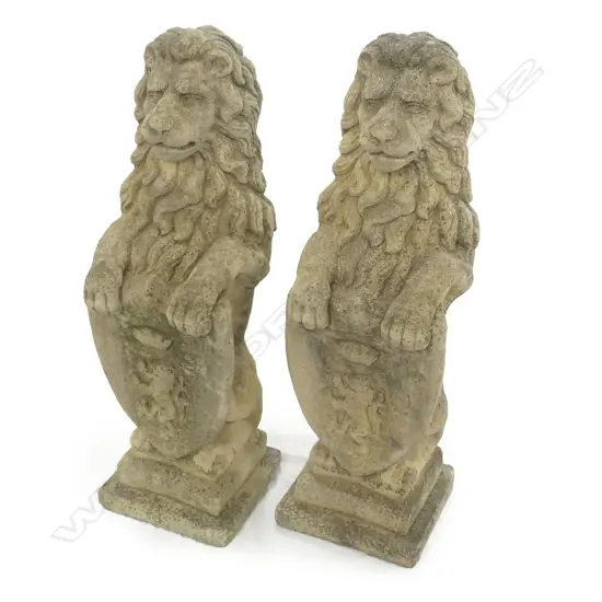A pair of classical Church Stone heraldic standing lions