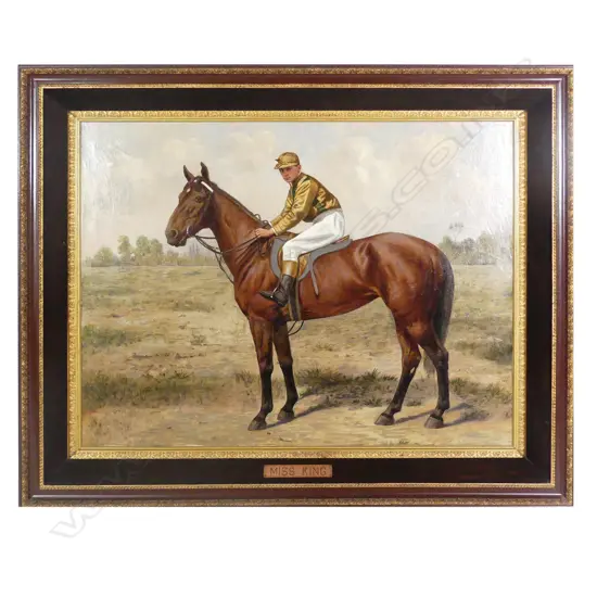 A large colonial oil painting of a New Zealand thoroughbred mare and jockey
