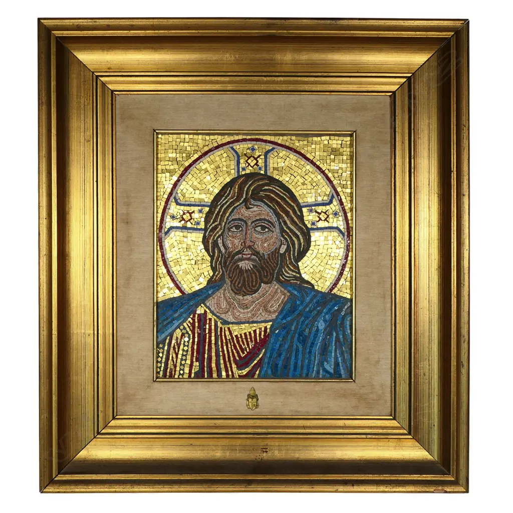 A mid 20thC mosaic iconic depiction of Christ Pantocrator artwork, Image 1++