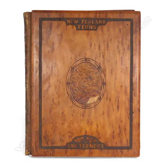 A colonial mottled kauri bound album 'New Zealand Ferns and Scenery',