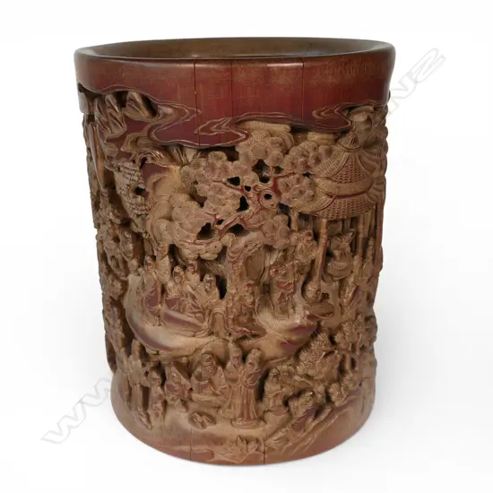 A vintage Chinese carved bamboo brush pot,