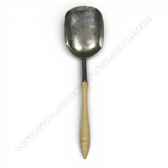 A George III silver and ivory handled caddy spoon,
