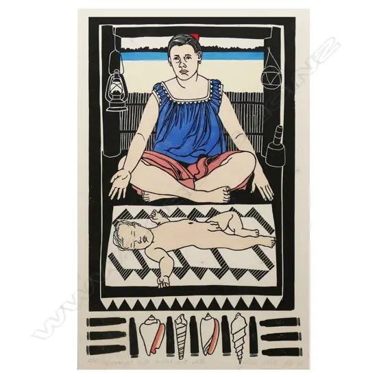 Robin White (NZ 1946-) Self Portrait with Conrad and Shells,