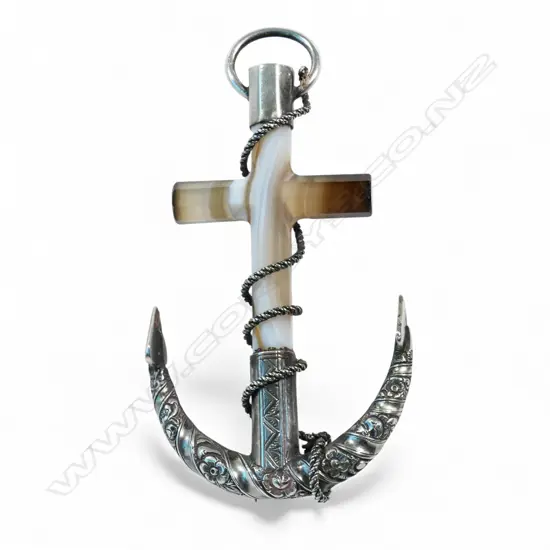 A late Victorian Scottish silver and agate fouled anchor brooch,