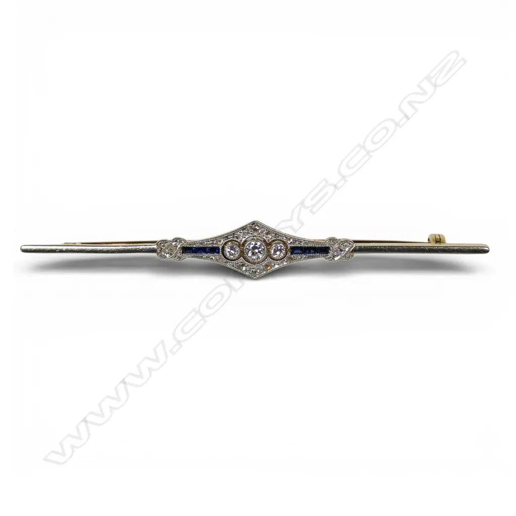 An Art Deco 18ct gold diamond and sapphire bar brooch, Image 1++