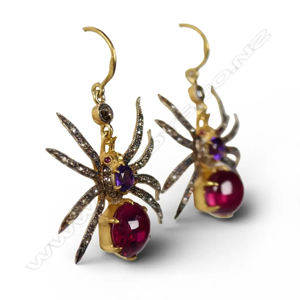 A pair of antique style silver gilt diamond and gemstone spider earrings, Image 1++