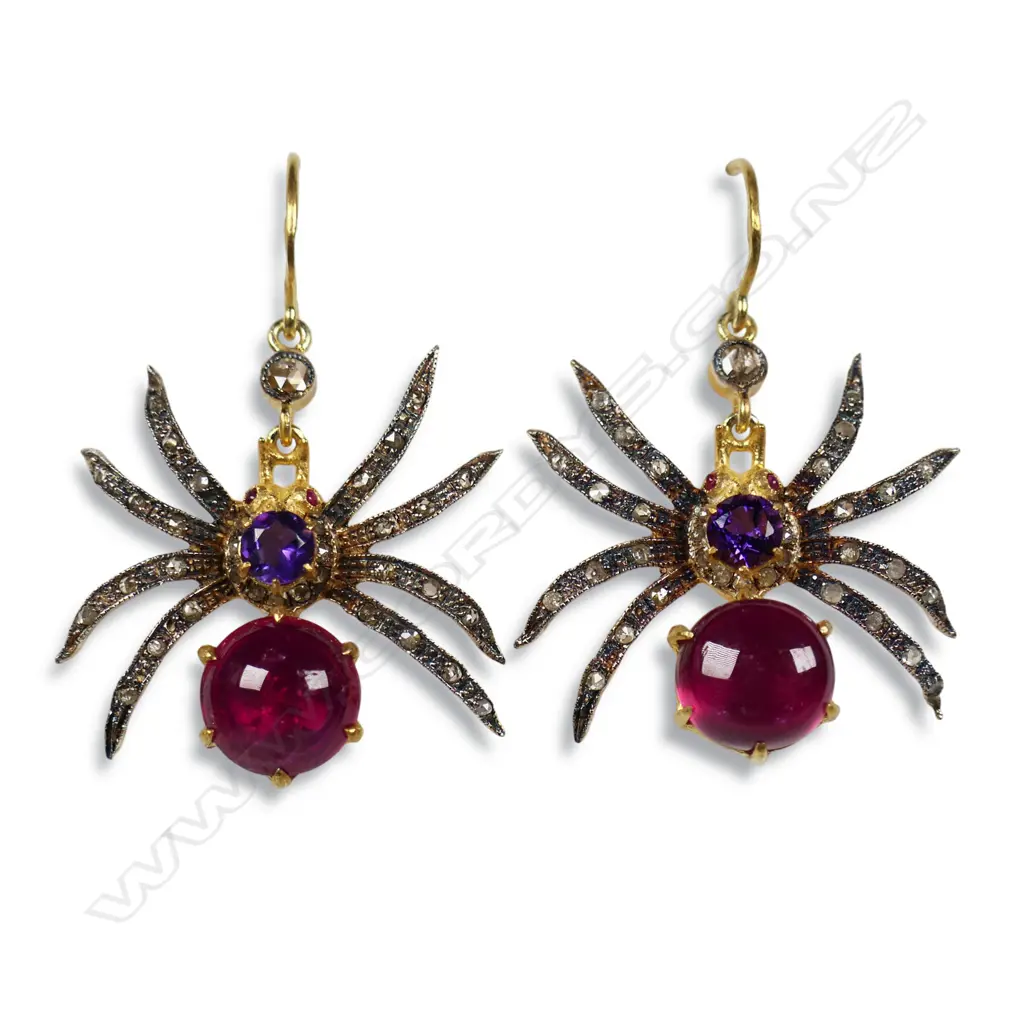 A pair of antique style silver gilt diamond and gemstone spider earrings, Image 1++