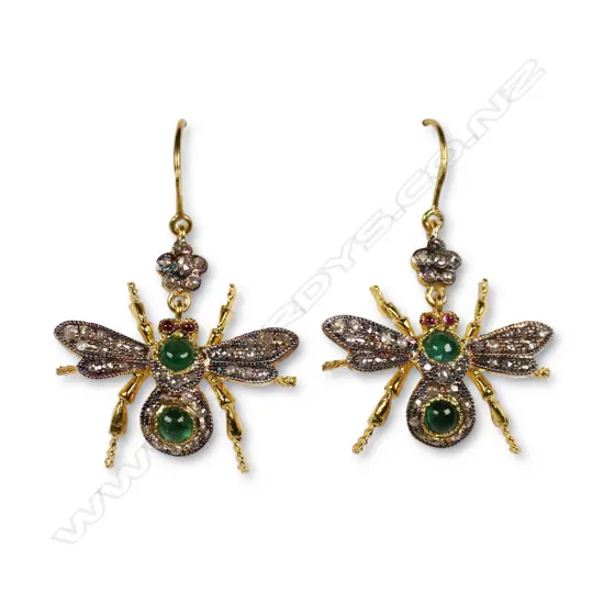 A pair of antique style silver gilt diamond and emerald insect earrings,