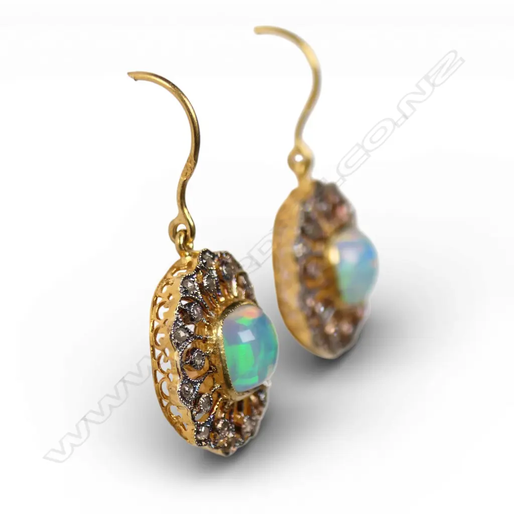 A pair of antique style silver gilt diamond and opal earrings, Image 1++