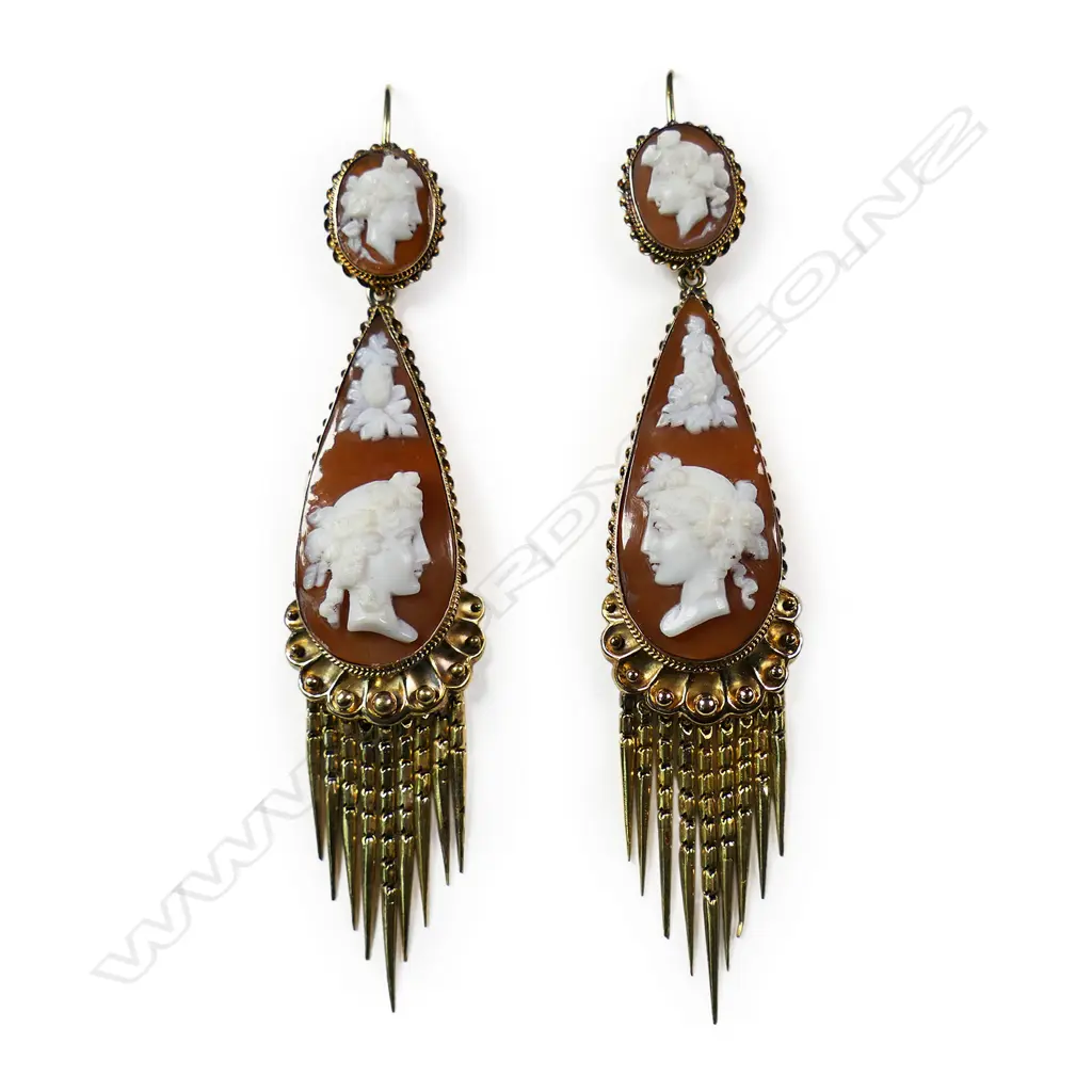 A pair of Victorian 9ct gold and cameo drop and tassel earrings, Image 1++