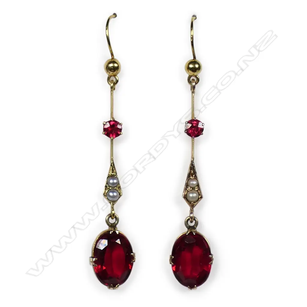 A pair of Edwardian 9ct gold and synthetic ruby drop earrings, Image 1++