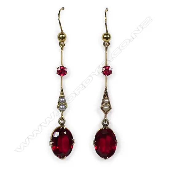A pair of Edwardian 9ct gold and synthetic ruby drop earrings,