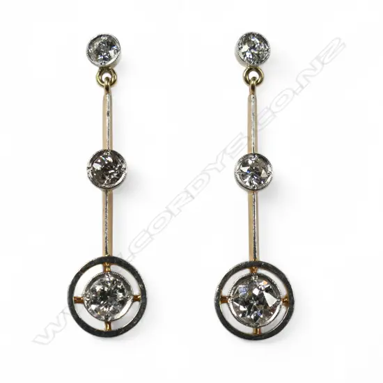 A pair of 9ct gold and diamond drop earrings,