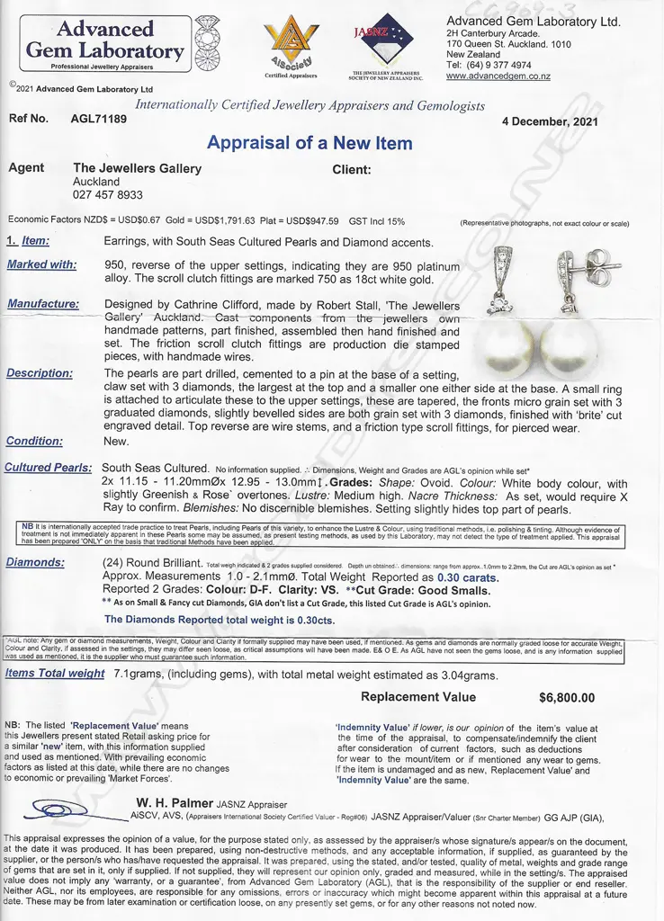 A pair of platinum South Sea cultured pearl and diamond drop earrings, Image 1++