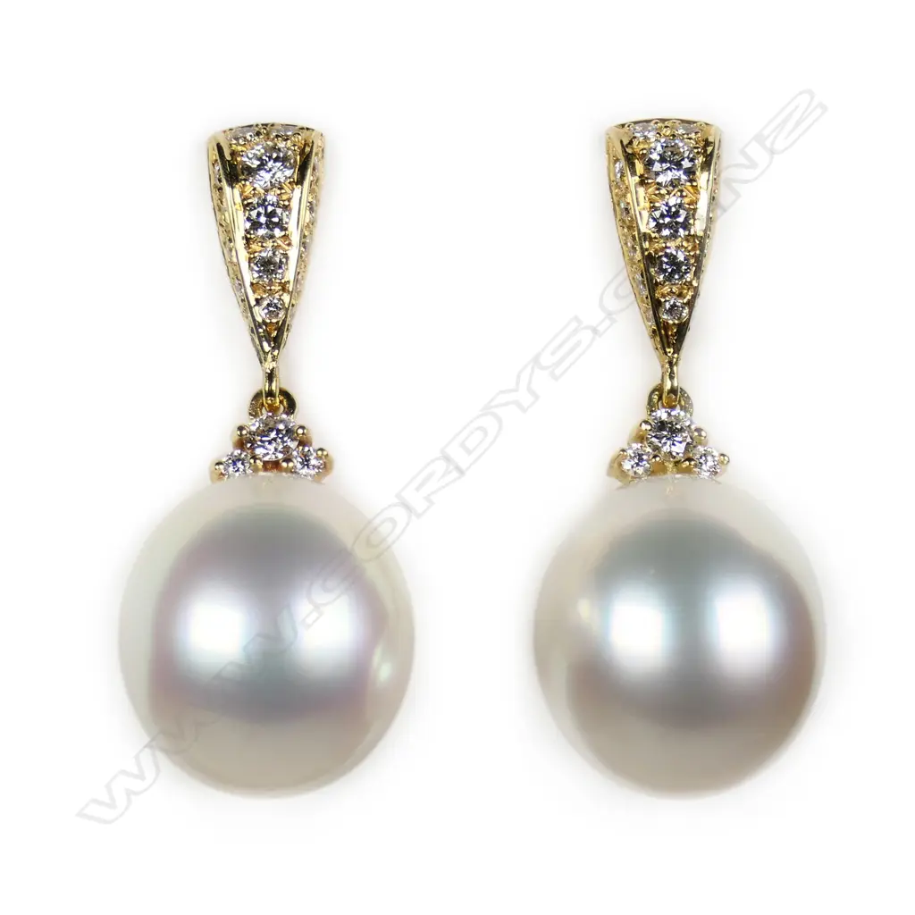 A pair of 18ct yellow gold South Sea cultured pearl and diamond drop earrings, Image 1++