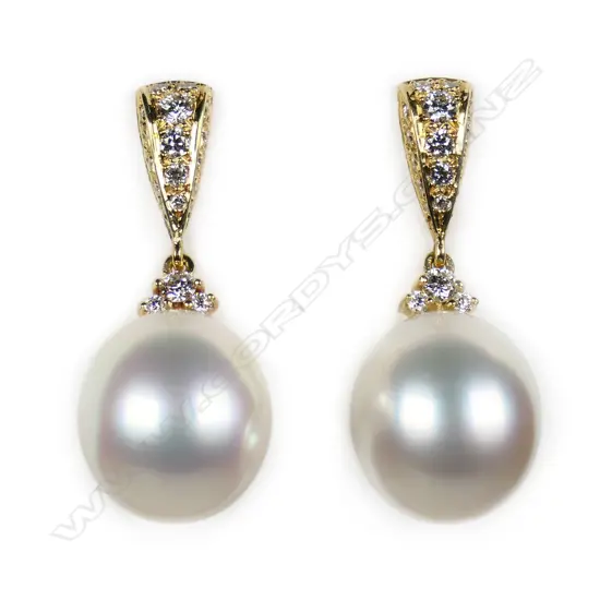 A pair of 18ct yellow gold South Sea cultured pearl and diamond drop earrings,