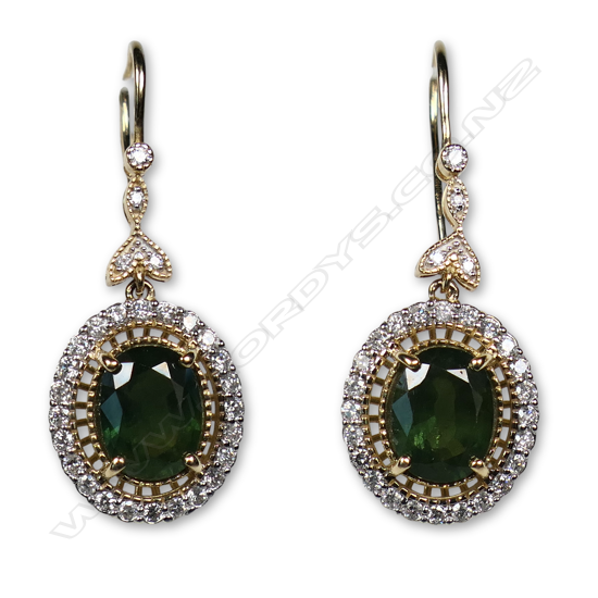 A pair of 14ct gold green sapphire and diamond vintage style earrings,