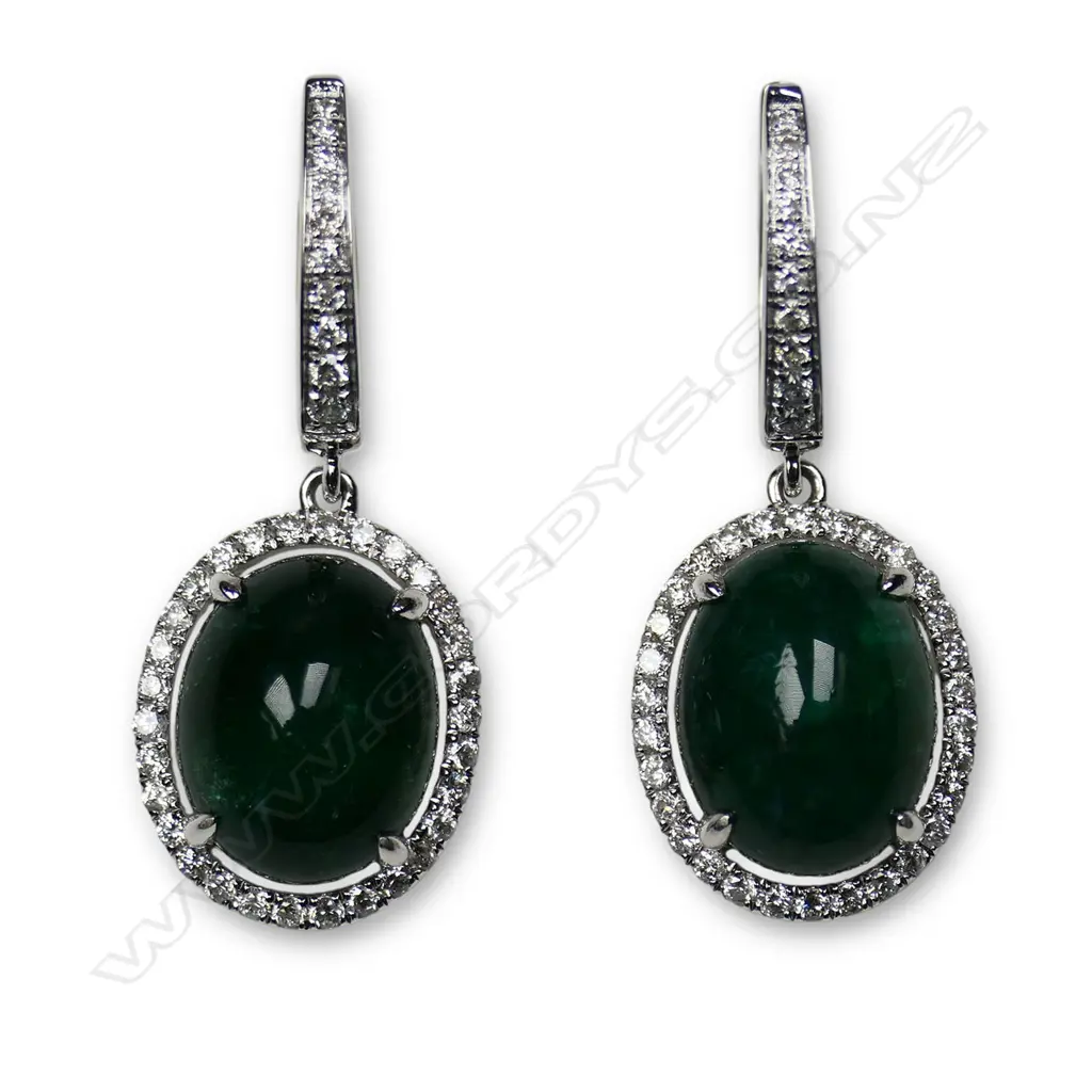 A pair of 18ct white gold diamond and emerald earrings, Image 1++