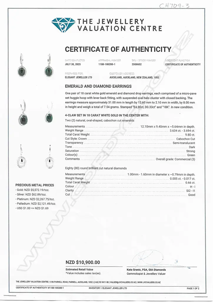 A pair of 18ct white gold diamond and emerald earrings, Image 1++