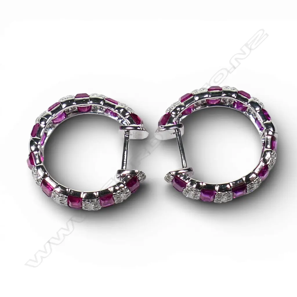 A pair of 18ct white gold pink sapphire and diamond earrings, Image 1++