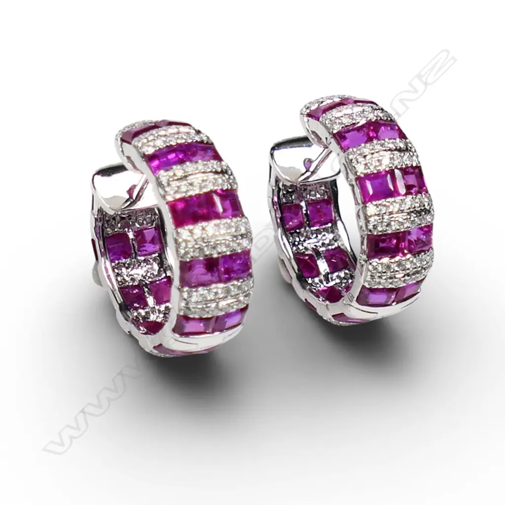 A pair of 18ct white gold pink sapphire and diamond earrings, Image 1++