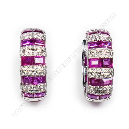 A pair of 18ct white gold pink sapphire and diamond earrings,